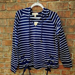 Michael Kors Navy and White Striped Hoodie Top